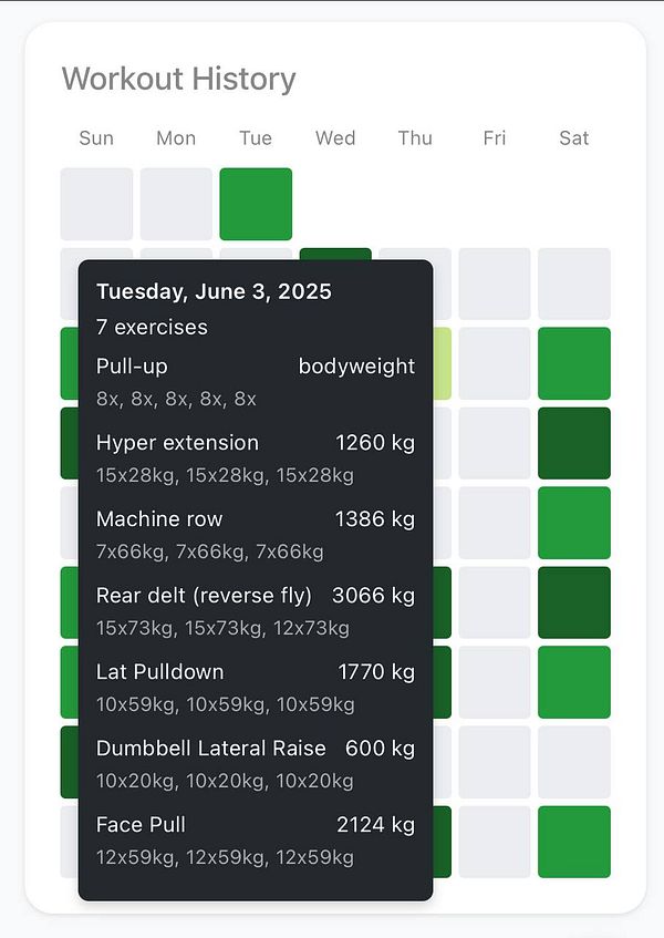 The image displays a workout history log for upper back exercises performed on June 3, 2025.