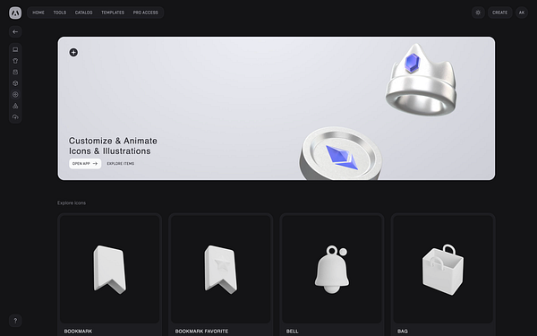 The image displays a dark mode interface for customizing and animating icons and illustrations.