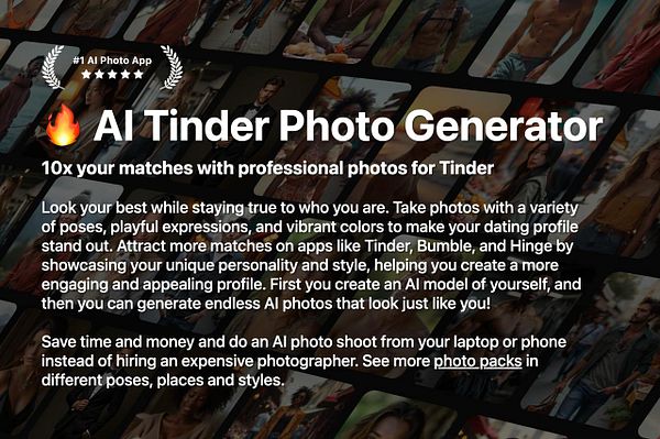 The image promotes an AI photo generator designed to enhance dating profiles on platforms like Tinder.
