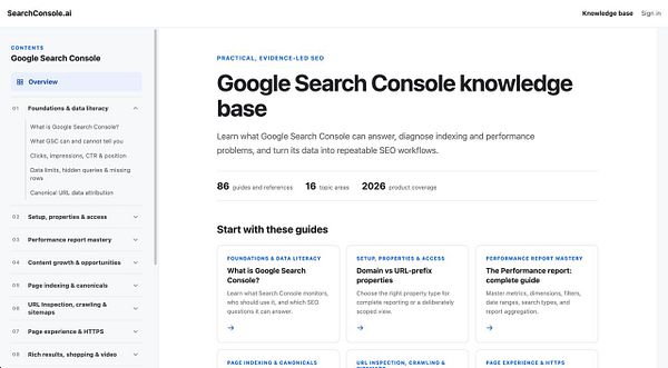 Screenshot of the Search Console AI knowledge base homepage showing navigation and featured content sections.