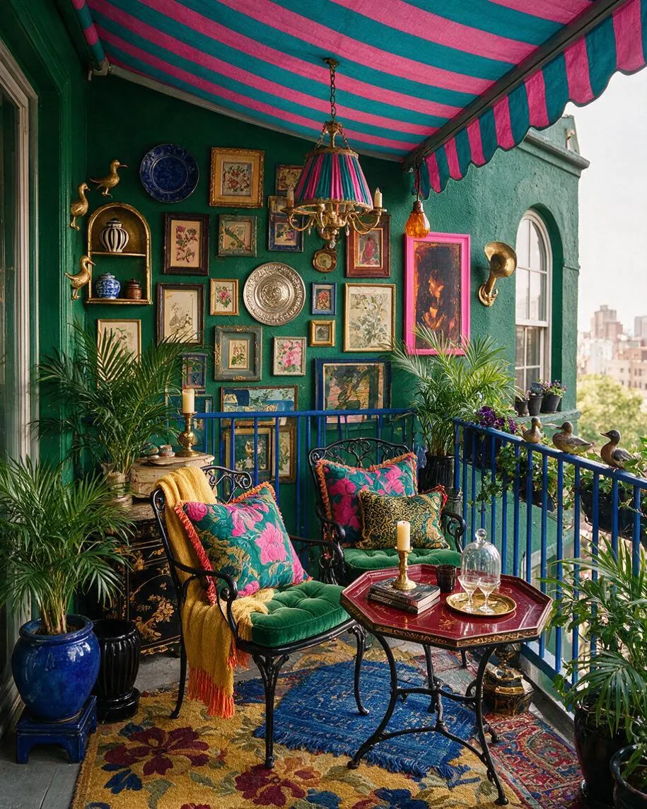 A colorful maximalist balcony with teal and pink striped awning, emerald green walls, and a gallery of framed art and decorative plates. Wrought iron seating with jewel-toned cushions, a red accent table, patterned rugs, brass wall decor, and lush potted plants create a richly layered outdoor retreat.
