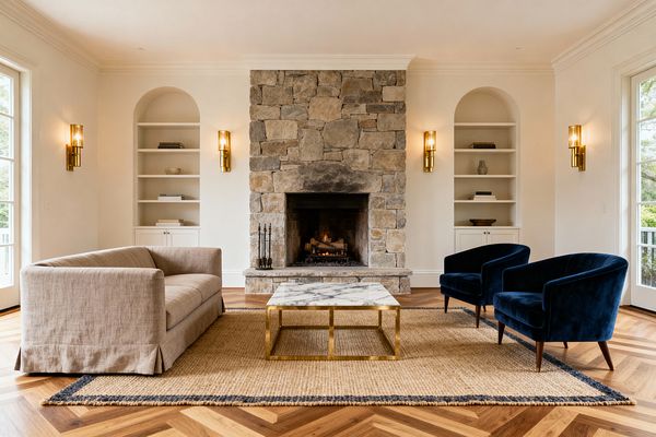 A symmetrical living room centers on a large fieldstone fireplace between arched white built-in shelves and four brass wall sconces. A beige linen sofa on the left faces two navy velvet armchairs on the right across a square marble-top coffee table with a brass frame, set on a natural-fiber rug over honey-toned herringbone oak floors; tall glass doors fill the room with daylight as a fire glows in the hearth with tools resting on the stone ledge.