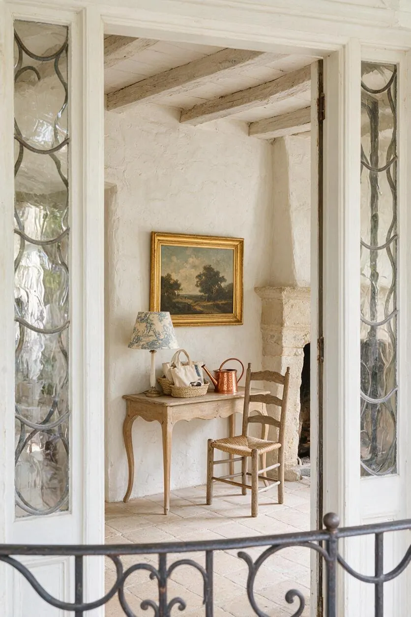 A French Country front porch with white plaster walls, exposed ceiling beams, and a stone fireplace. A small antique wooden table holds a floral lamp, baskets, and a copper watering can, with a woven chair placed beside it. Leaded glass doors and wrought iron railing frame the cozy entry.