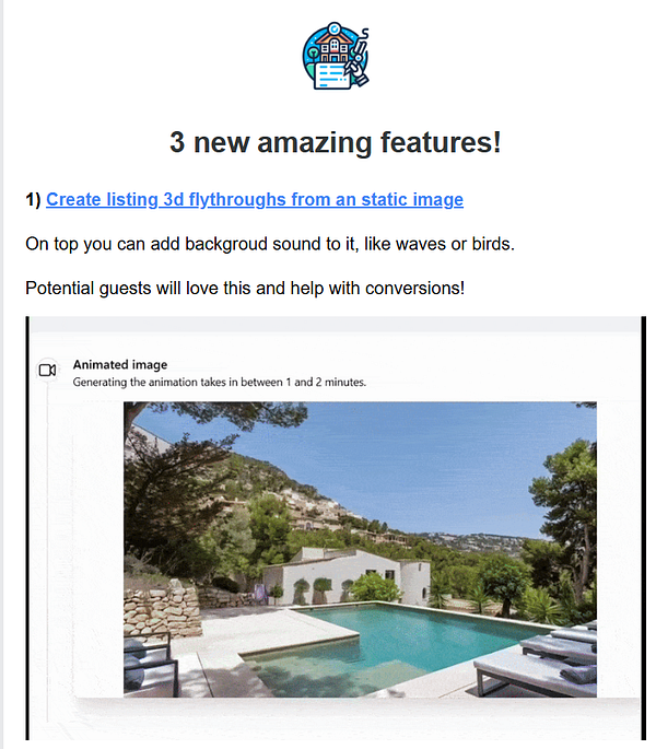 The image features a picturesque outdoor scene of a pool area with a modern house and lush greenery.