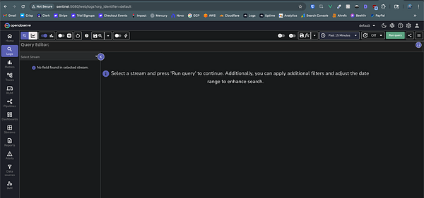 The image displays the user interface of OpenObserve's Query Editor for log management.
