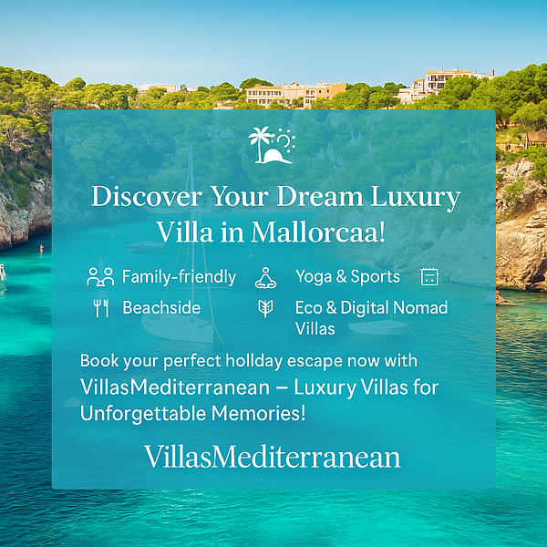 A promotional image for luxury villas in Mallorca featuring a scenic coastal view.