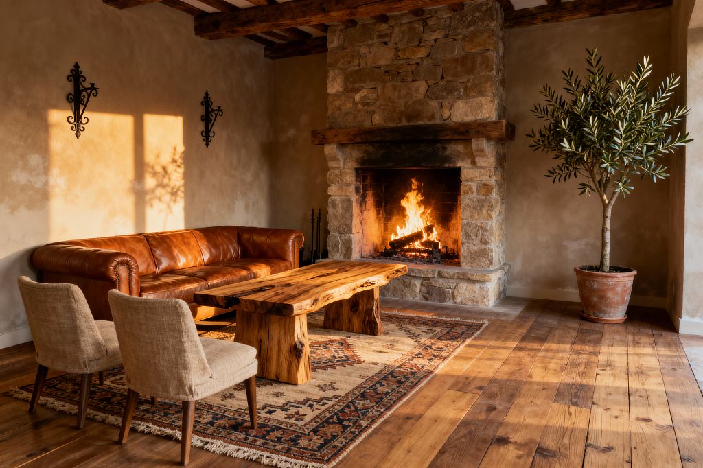 A rustic living room features a large stone fireplace with a burning fire and a heavy wood mantel. A caramel brown leather sofa sits to the left, facing a live-edge slab coffee table over a fringed, patterned rug. Two beige fabric chairs stand in the foreground. The space has warm plaster walls with wrought-iron accents, exposed wood ceiling beams, and wide-plank timber floors. A potted olive tree in a terracotta pot stands to the right, lit by late-afternoon sun.