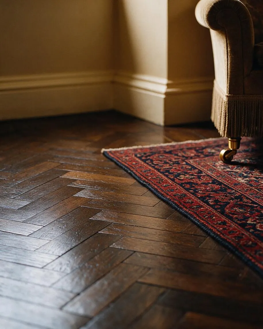 A warm traditional interior detail showing dark herringbone wood flooring, a cream-painted wall with trim, and the corner of a burgundy and navy Persian-style rug beside a tufted upholstered chair on brass casters.