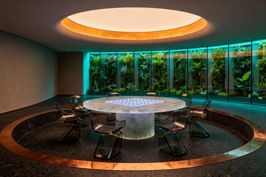 A circular dining room centers on a glowing round table of translucent stone with an illuminated grid, surrounded by eight smoked acrylic chairs within a sunken terrazzo ring edged by copper. A curved wall of floor-to-ceiling glass reveals a lush vertical garden lit in teal. Overhead, a large recessed oculus washes warm amber light across smooth taupe walls and charcoal flooring, creating a sleek, futuristic atmosphere.