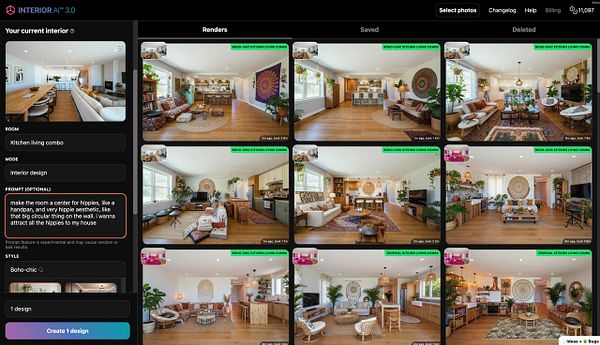 The image displays a user interface for an interior design application showcasing various design renderings.