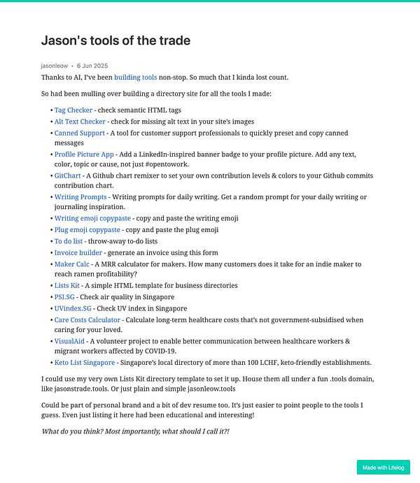 A detailed list of tools created by Jason, presented in a structured format.