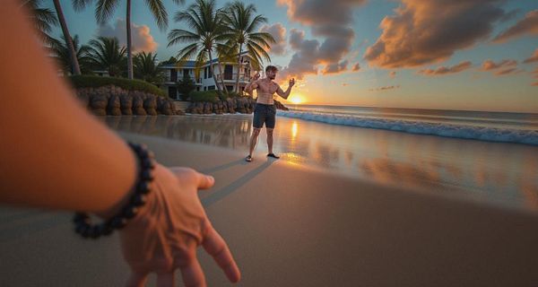 A person reaches out towards another individual on a beach at sunset.