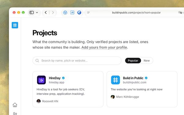 A webpage interface showing a list of verified projects in a community platform sorted by popularity, with a search bar and project cards.