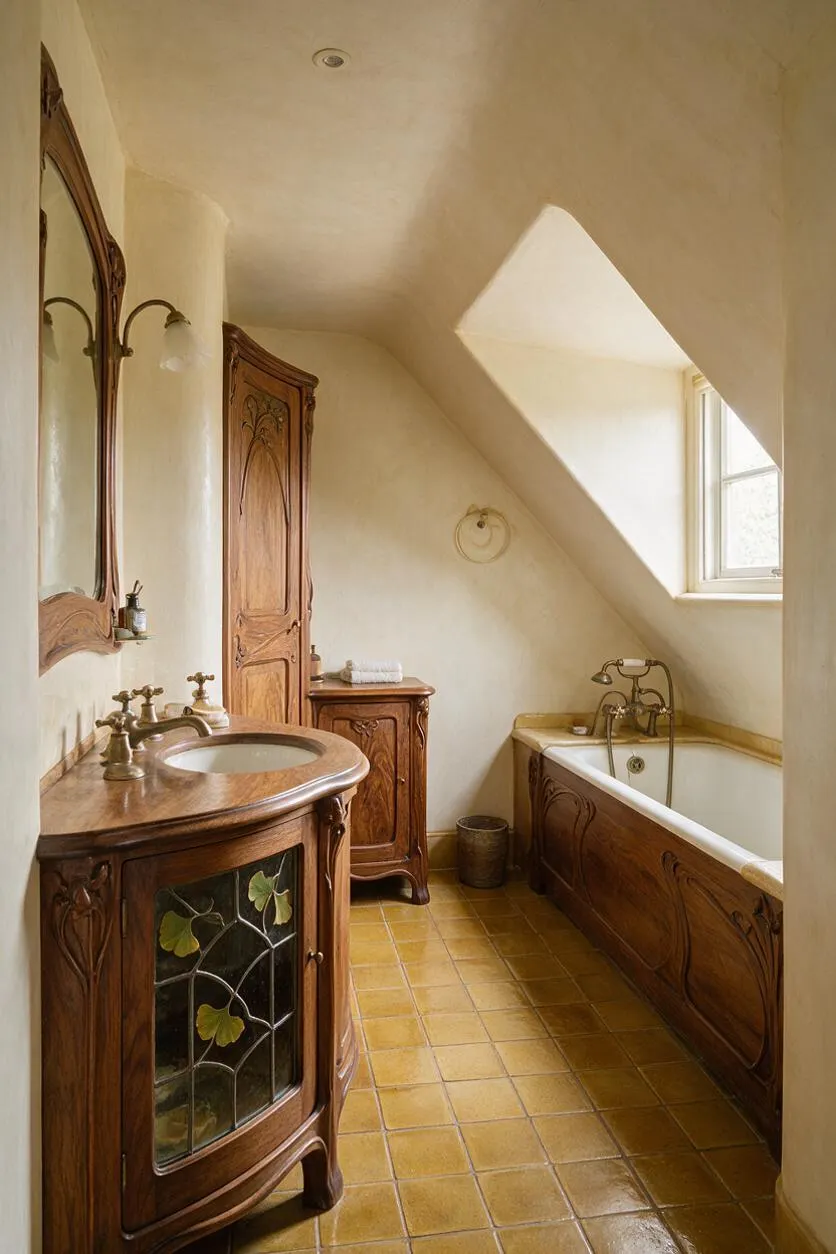 A compact master bathroom with a warm Art Nouveau aesthetic, featuring carved wooden vanity and bathtub panels, an ornate framed mirror, brass fixtures, and a tiled floor in golden earth tones. Soft cream walls and a sloped ceiling with a window create a calm, light-filled atmosphere.