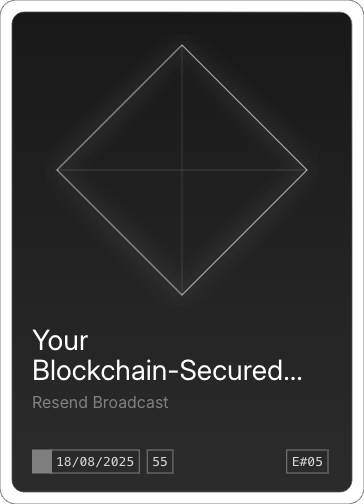 The image features a sleek, dark-themed interface displaying a notification card related to a blockchain-secured broadcast.