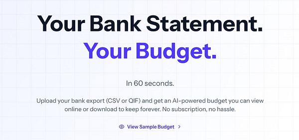 The image features a promotional webpage for a budgeting tool that emphasizes the integration of bank statements and AI-powered budgeting.