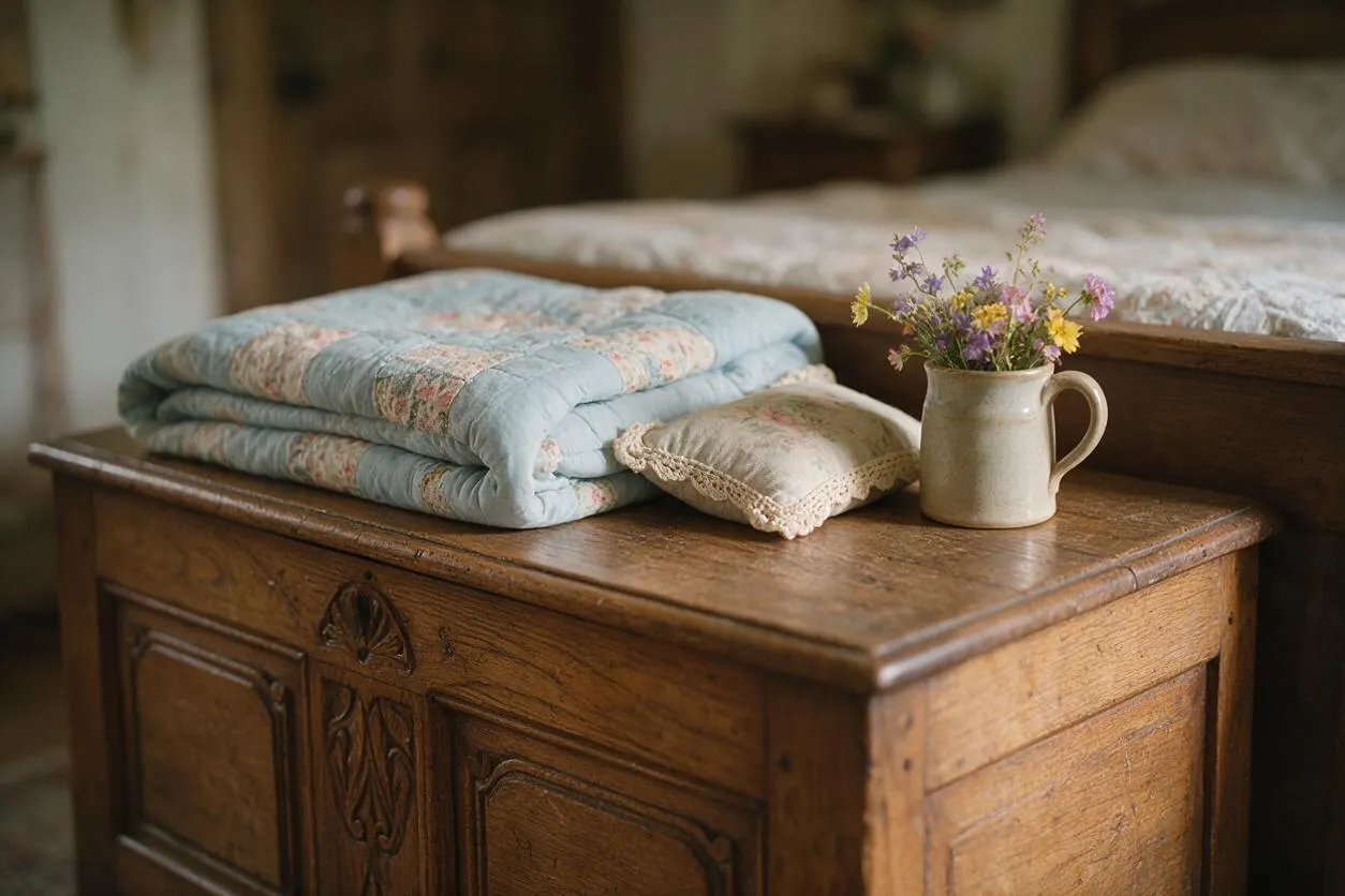 A cozy cottagecore bedroom scene featuring a carved wooden bedside chest topped with folded pastel quilts, a small lace-trimmed cushion, and a ceramic pitcher holding fresh wildflowers. A wooden bed with a floral coverlet sits softly blurred in the background.