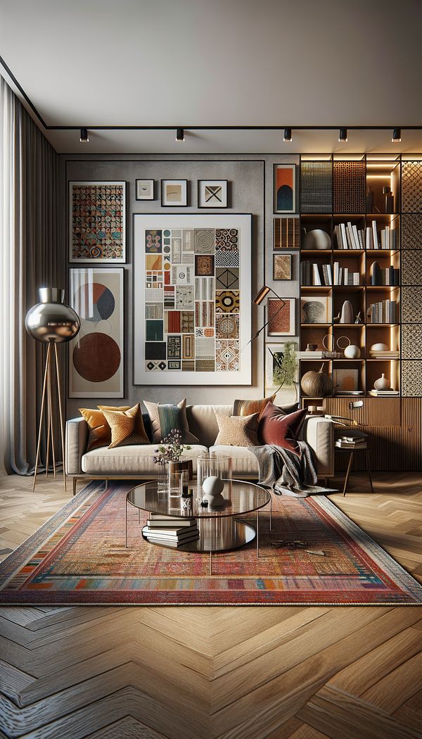 An elegantly designed living room showcasing a variety of textures, colors, and furniture styles, illustrating the concept of variety in interior design.
