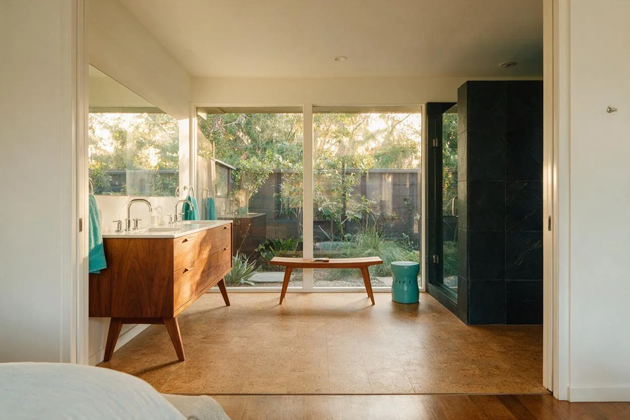 A spacious master bathroom with a walnut vanity on tapered legs, a large mirror, and a walk-in shower clad in dark tile. Full-height glass windows and a glass door open to a leafy garden, filling the room with warm natural light.