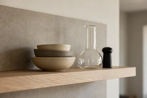 A modern interior vignette with a floating light oak shelf against a textured taupe wall. On the shelf are stacked neutral ceramic bowls, a clear glass carafe, and a small black sculptural object, creating a calm minimalist composition.