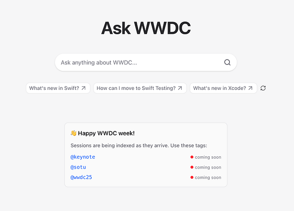 The image displays a user interface for asking questions related to WWDC, featuring a search bar and a status card.