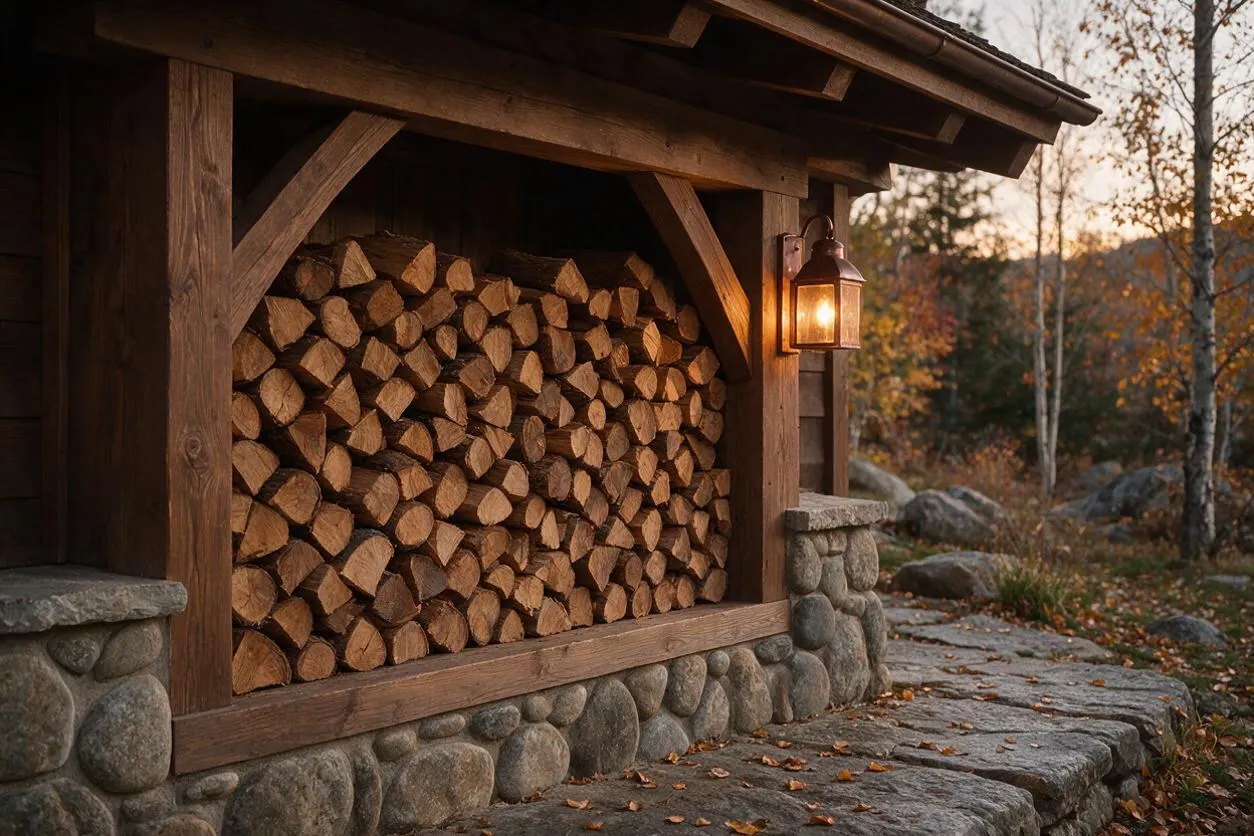 A rustic outdoor wood shelter filled with neatly stacked firewood, built from weathered timber and a rounded stone base. A warm lantern glows on the right side, with a stone path, autumn trees, and rocks in the background.