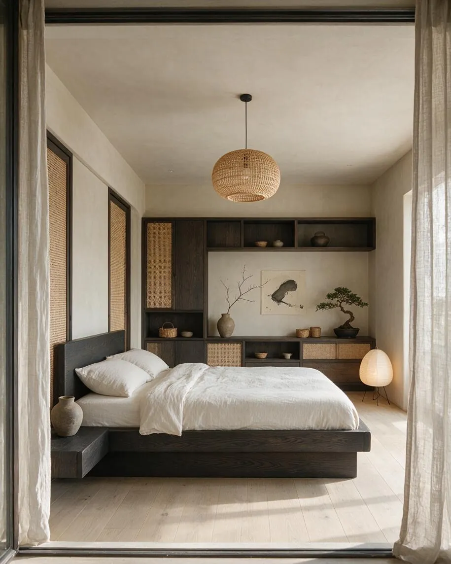 A calm master bedroom in Japandi style with a low dark wood bed dressed in white bedding, sheer curtains framing the view, and built-in shelving along the back wall. Rattan panel details, a woven pendant light, a small floor lamp, and minimalist ceramics and branches create a warm, natural atmosphere.