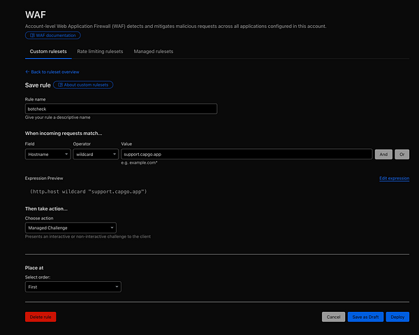 The image displays a user interface for configuring custom rules in a Web Application Firewall (WAF).
