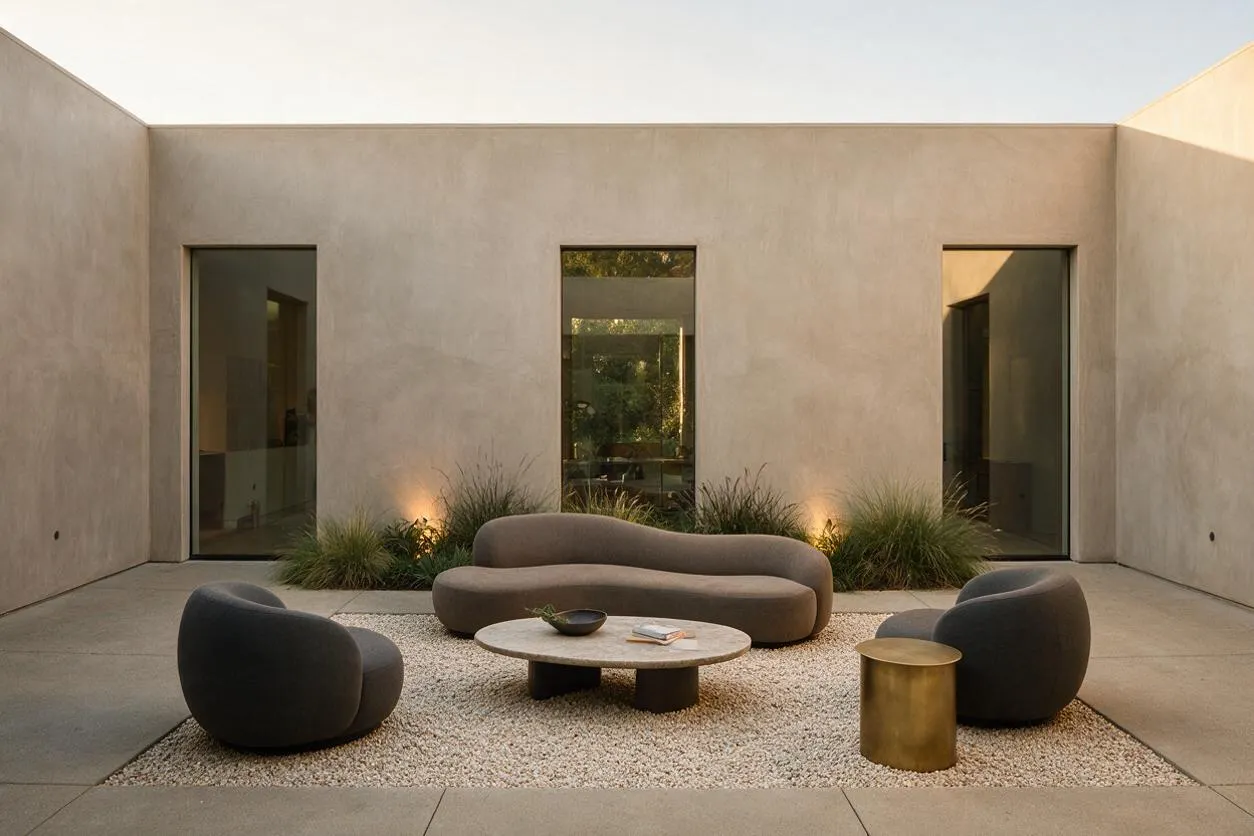 A modern backyard courtyard with smooth stucco walls, three tall glass door openings, and low uplighting washing over ornamental grasses. The seating area includes a curved taupe sofa, two rounded dark lounge chairs, a stone coffee table, and a small brass side table arranged on pale gravel amid concrete paving.