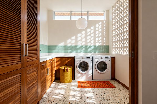 A sunlit mid-century modern laundry room with walnut louvered cabinets, white quartz countertops, and a glossy mint-green subway tile backsplash. Two front-loading machines sit beneath clerestory windows and a white globe pendant as a decorative concrete breeze-block wall casts patterned shadows across multicolor terrazzo flooring; an orange geometric rug and a yellow woven hamper add color within the compact L-shaped layout.