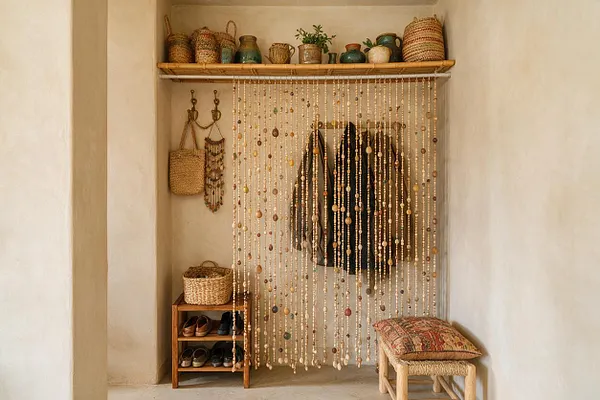 A small bohemian entryway with cream plaster walls, a wooden shelf holding woven baskets, ceramics, and greenery, and a beaded curtain hanging in front of the opening. Below are a woven shoe rack, stored shoes, a wicker basket, and a cushioned stool with patterned fabric, creating a warm, earthy welcome.
