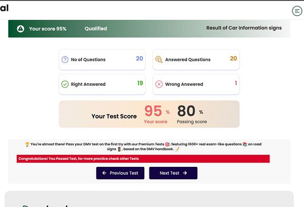The image displays the results of a driving test focused on car information signs.