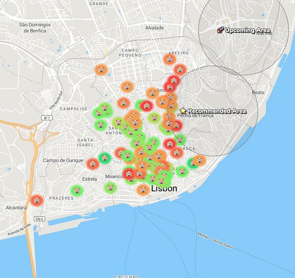 Screenshot of a mobile app interface showing a map with color-coded hotel ratings, and a bottom panel listing hotels with associated numerical and color ratings.