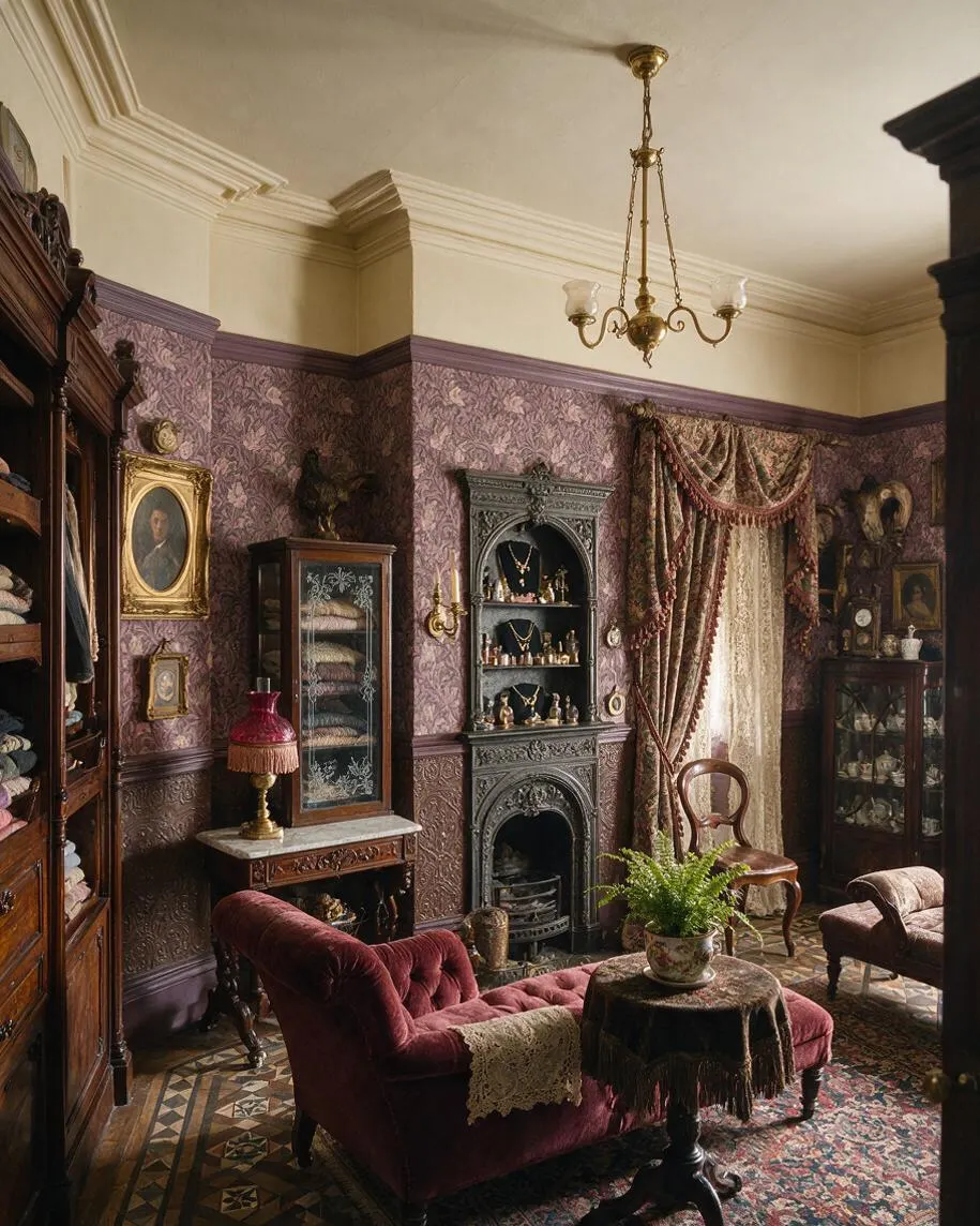A richly decorated Victorian closet with purple floral wallpaper, carved wood cabinetry, and a decorative cast-iron fireplace. The room includes a burgundy tufted chaise, antique chairs, framed portraits, lace and velvet drapery, glass display cabinets, and a brass chandelier overhead.
