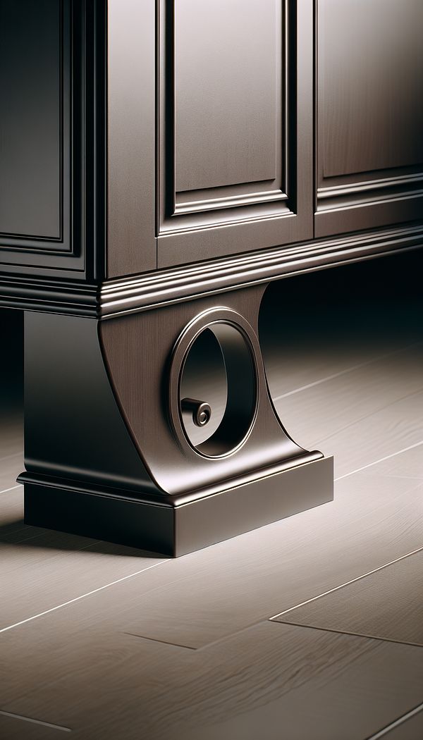 A close-up photo of a bracket foot on a dark wooden cabinet, showcasing its elegantly curved outline against a light-colored floor.