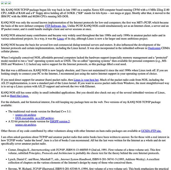 The image features a detailed text document discussing the KA9Q NOS TCP/IP package and its historical significance in early internet protocols.
