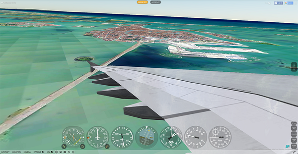 An AirFrance Airbus A380 aircraft landing or taking off at Venice Marco Polo Airport with the city and water visible in the background.