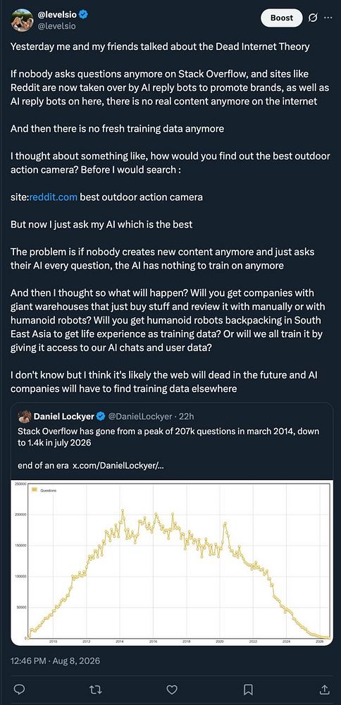 A screenshot of a tweet by @levelsio discussing the Dead Internet Theory and inviting followers to visit the associated website.