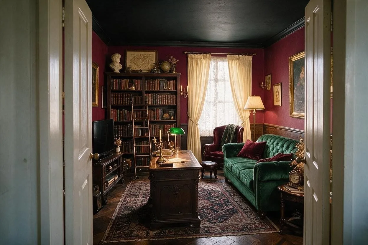 The same Dark Academia living room in the Candlelit Oxblood palette: oxblood, forest green, dark oak, antique gold, and parchment