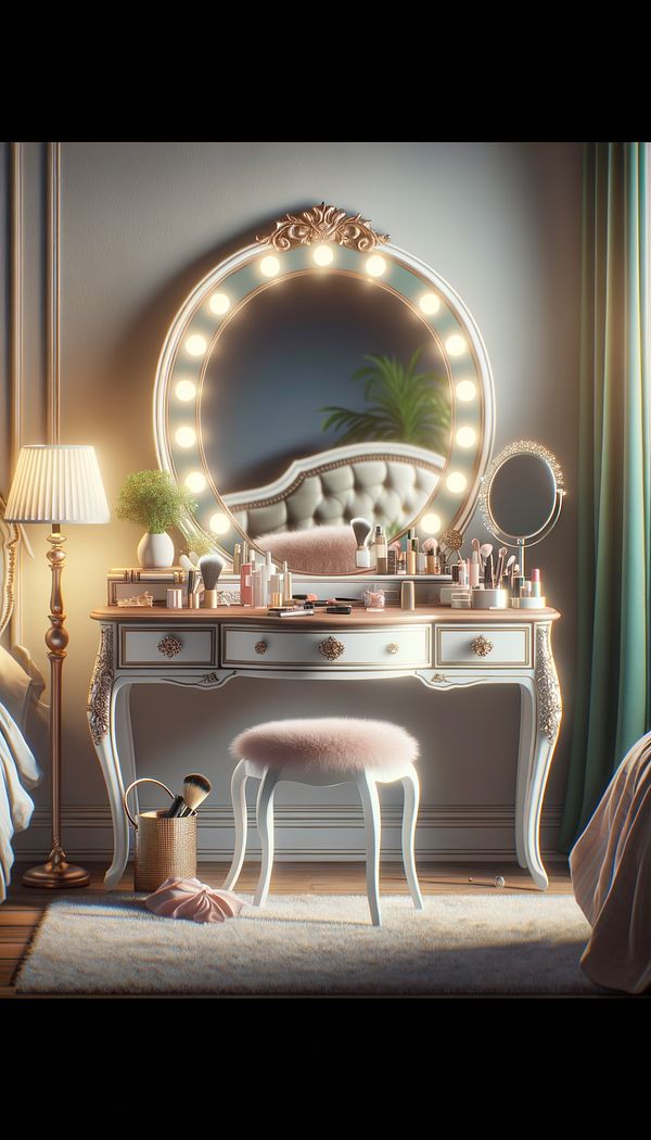 A stylish vanity table with built-in lighting around the mirror, decorated with cosmetics, a hairbrush, and jewelry, set against a soft-colored bedroom background.
