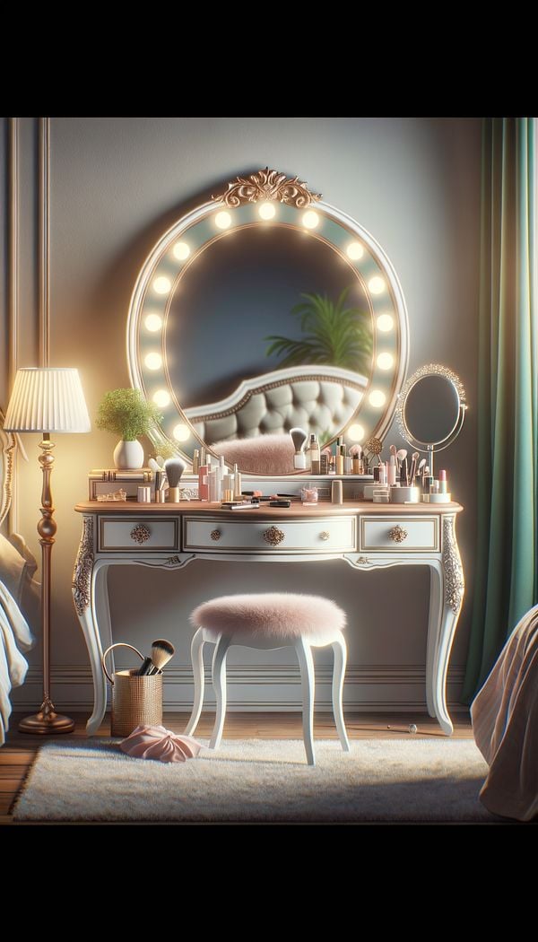 A stylish vanity table with built-in lighting around the mirror, decorated with cosmetics, a hairbrush, and jewelry, set against a soft-colored bedroom background.