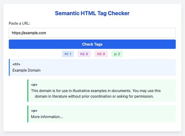 The image displays a web interface for a Semantic HTML Tag Checker tool.