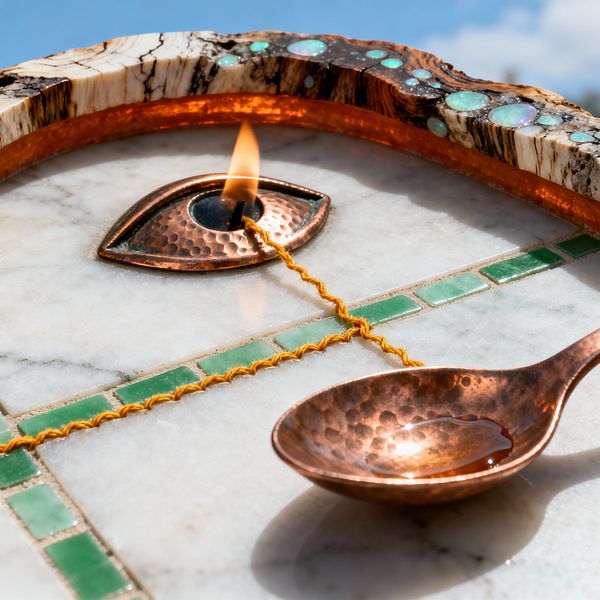 A close-up of a white marble surface inset with a band of green glass mosaic tiles and bordered by veined stone dotted with opalescent cabochons. At center, a hammered copper, eye-shaped oil well burns with a small flame, connected by a twisted yellow wick to a hammered copper spoon that holds a drop of oil. Sunlight casts crisp shadows against the pale stone, emphasizing the warm copper tones and the surreal, symbolic arrangement of everyday kitchen elements.