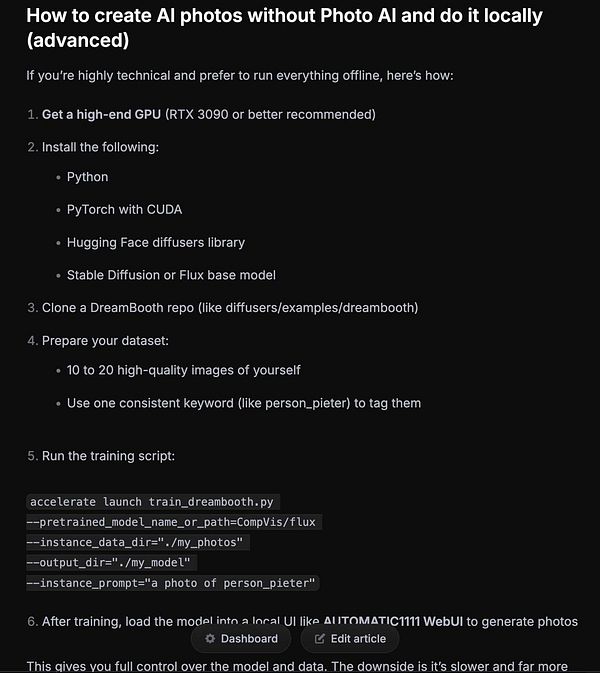 The image displays a detailed guide on creating AI photos locally without using Photo AI.
