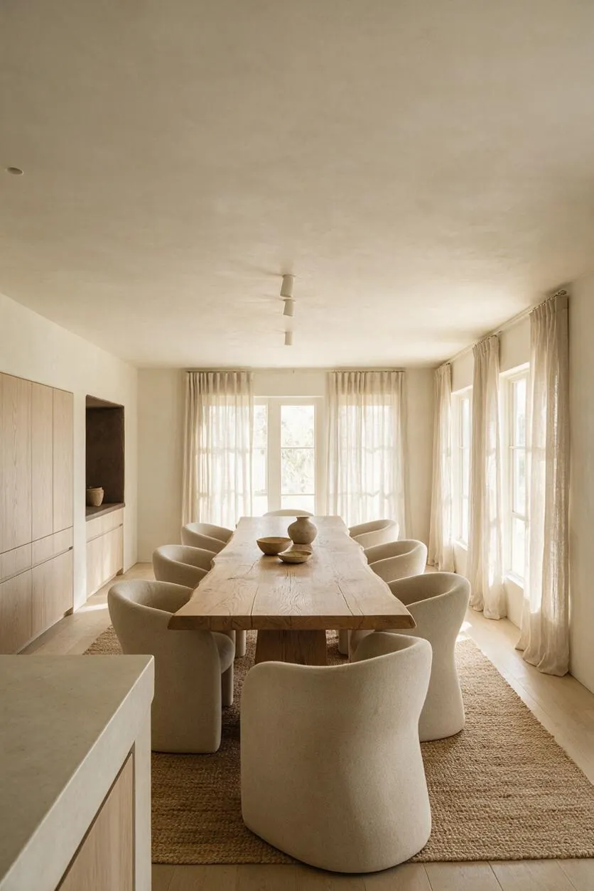 A serene dining room with a long raw wood table surrounded by cream upholstered dining chairs on a natural woven rug. Soft sheer curtains filter daylight from large windows, while pale wood cabinetry and a neutral plaster-like ceiling complete the calm Organic Modern look.