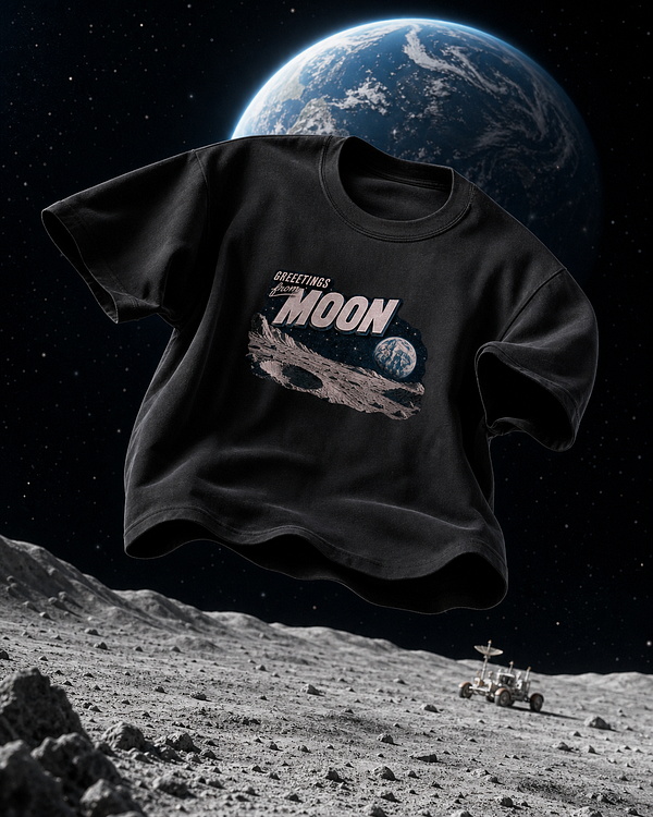 A promotional advertisement featuring colorful merchandise from a space-themed shop.