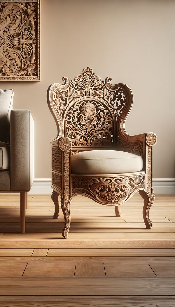 A beautifully carved wooden Farthingale Chair with a wide seat, placed in a contemporary living room as an accent piece.