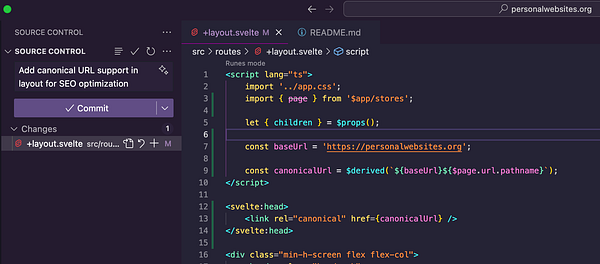 A code snippet from a Svelte layout file showing the implementation of a canonical URL for SEO optimization.