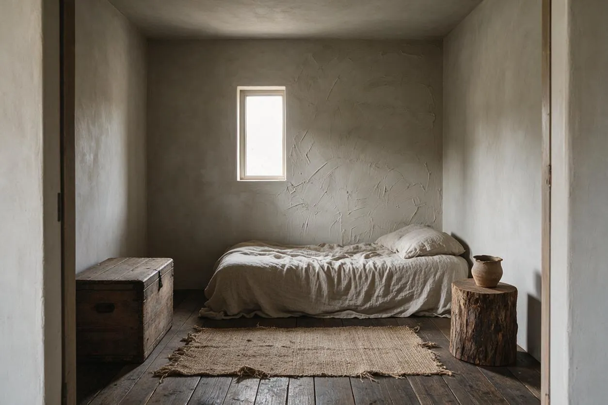 A small guest bedroom with textured plaster walls, a narrow vertical window, and a low bed dressed in soft beige linen. The room includes a rustic wooden chest on the left, a log-style side table with a clay vessel on the right, and a woven jute rug on dark wood plank flooring.