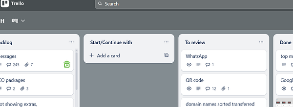 The image displays a Trello board with various task lists and cards.